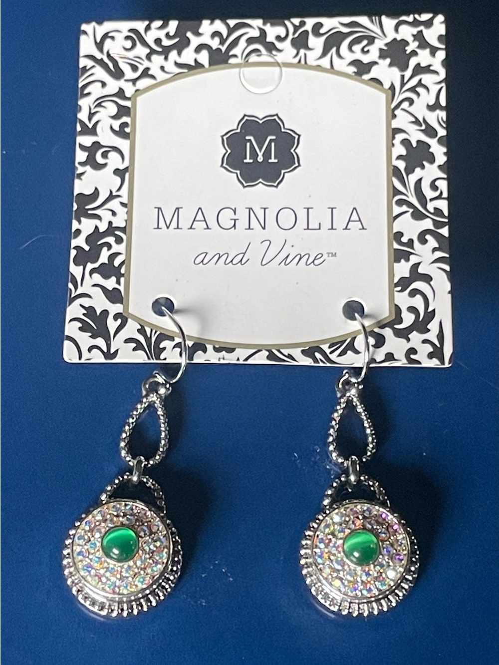 Silver Drop Earrings with Green Accents